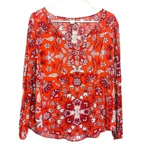 2/$15 Old Navy - Orangey Red Floral Long Sleeve Blouse | Size M
